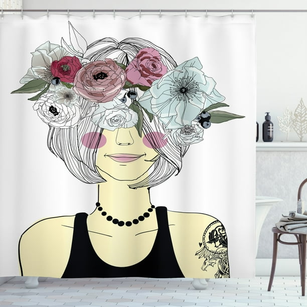 Fashion Shower Curtain Hipster Girl With Wearing Fl Headwear Fabric Bathroom Set Hooks 69w X 84l Inches Extra Long Pale Yellow Multicolor By Ambesonne Com Fashion Shower Curtain Hipster Girl, Fashion Shower Curtain