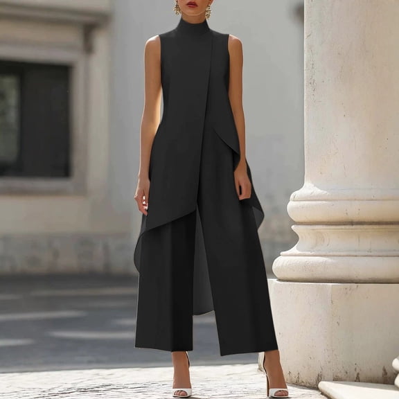 IUYRTFE Women's Sleeveless Mock Neck Layered Asymmetrical Top and Wide Leg Pants Set 2 Piece Casual Outfit