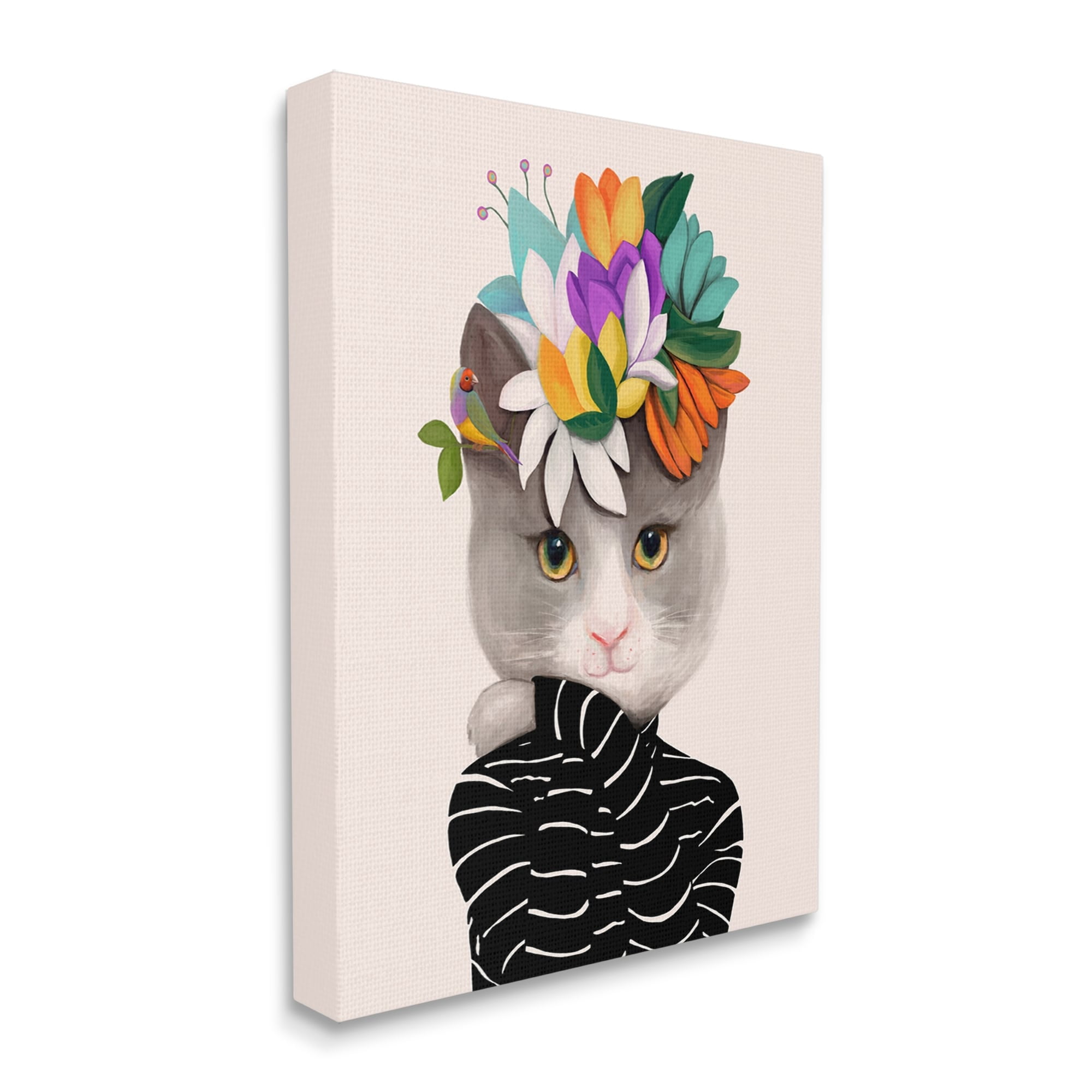 Stupell Industries Bold Floral Design Grey Cat Striped Sweater Canvas Wall Art, 36 x 48, Design by Ioana Horvat