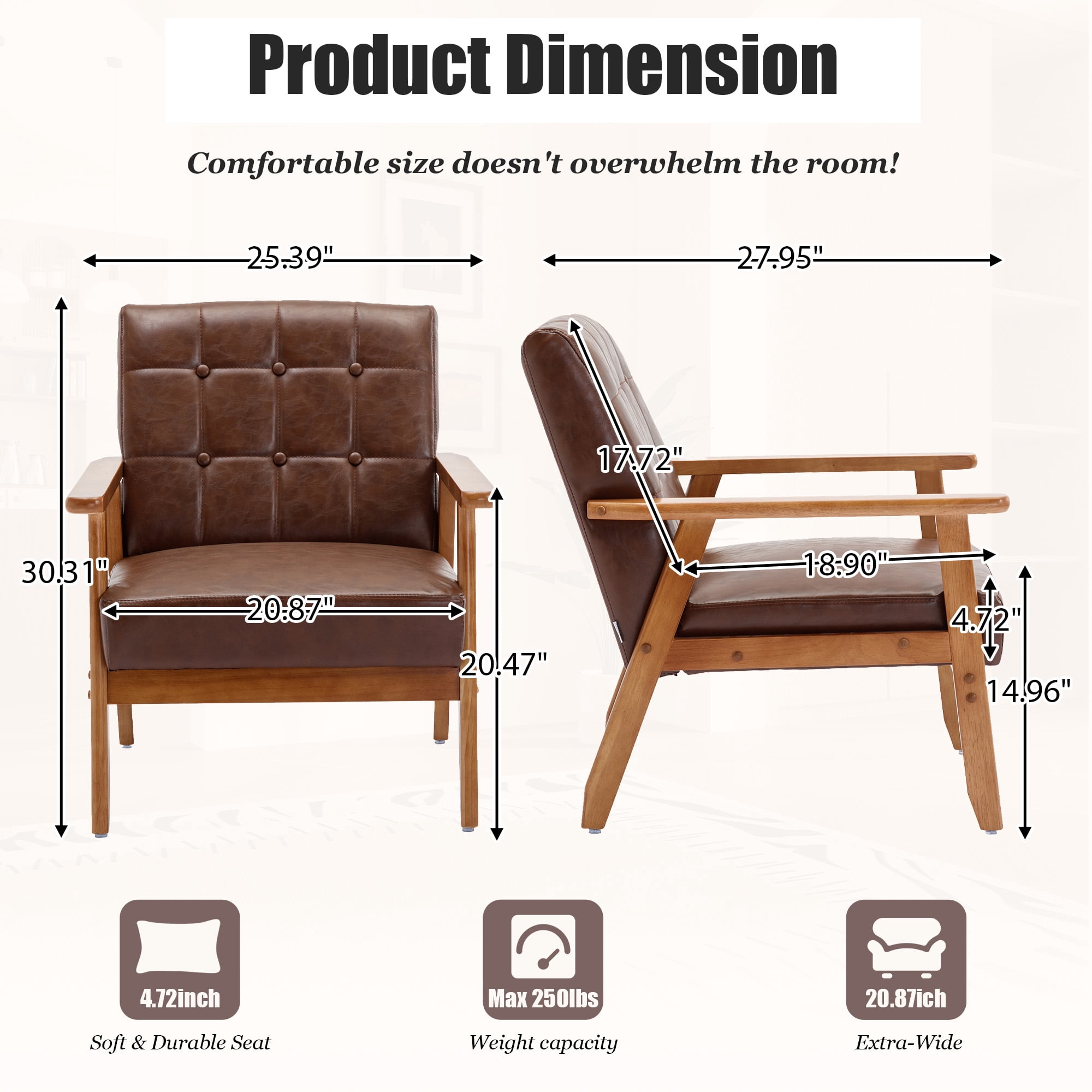 MOONMISS Accent Chair Set of 2,Mid Century Modern PU Leather Armchair with Wood Frame for Living Room Bedroom Study Room Easy Assembly,Brown
