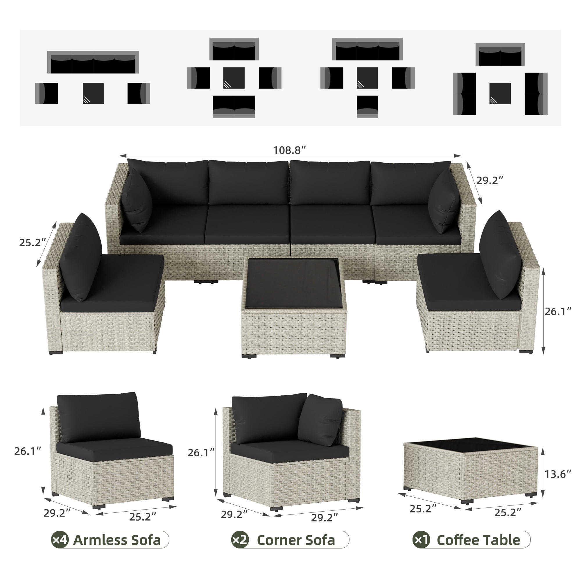 Amopatio 7 Pieces Patio Conversation Set, Outdoor Sectional PE Rattan Wicker Furniture Seat,BLACK