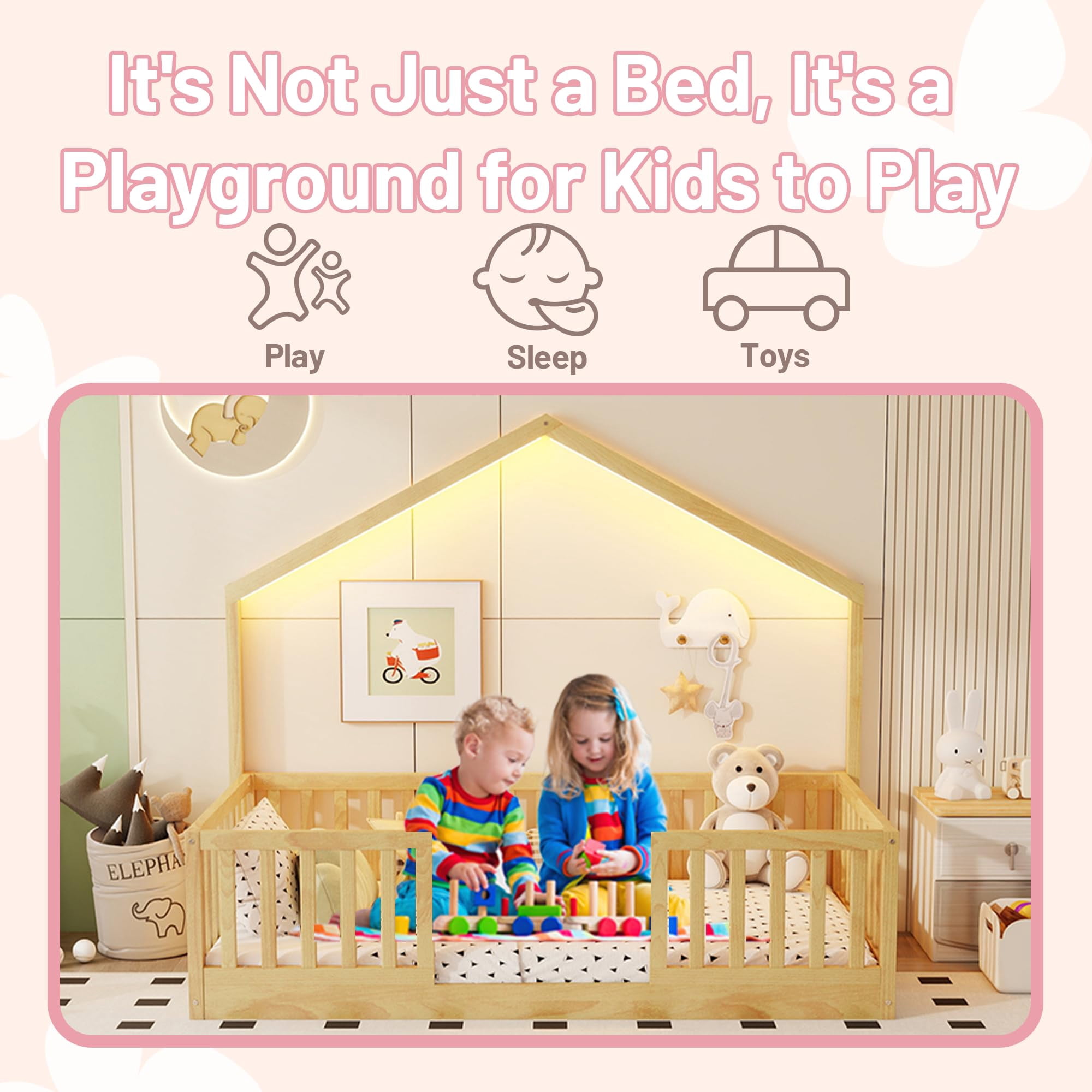 Twin Floor Bed with High Rails, Wooden Montessori Bed Frame with Single Color Light and House Shape Design, Low Profile Beds for Kids, twin bed frames Natural