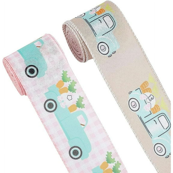 20Yds Single Face Polyester Ribbon 2-1/2inch Carrot Car Pattern Printed Ribbons Wired Edge Ribbons for Wrapping Hair Bows Packaging Party Easter Decoration (Pink&Tan)