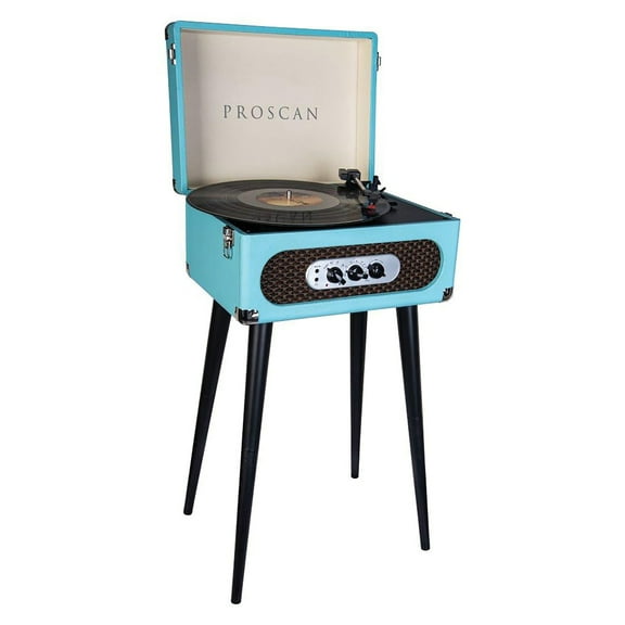 Proscan Bluetooth Belt-Drive Suitcase-Style Retro Turntable with FM Radio and Stand, Blue, PRC894-BLUE