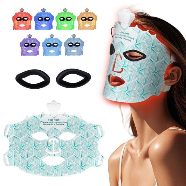 Máscara facial con luz roja Facego, dispositivo inalámbrico de 7 colores, máscara facial con luz azul y roja para el hogar, silicona suave, ligera y plegable