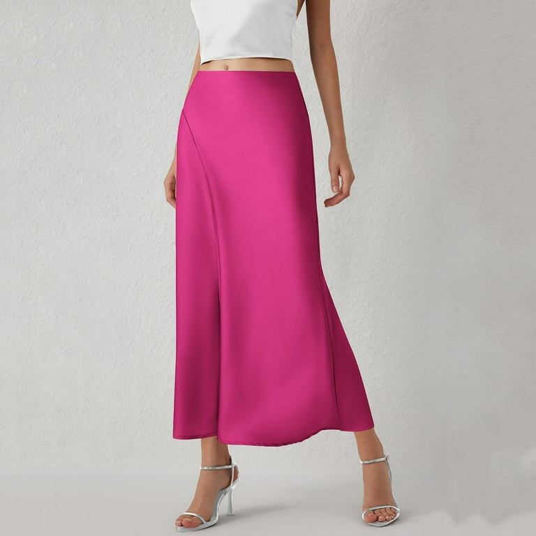 Skirts for Women Women s Satin Midi Skirts Summer High Waisted A Line Elegant Party Long Silk Skirt Mini Skirt Long Skirts for Women Maxi Skirts for Women Color Hot Pink Size L Walmart