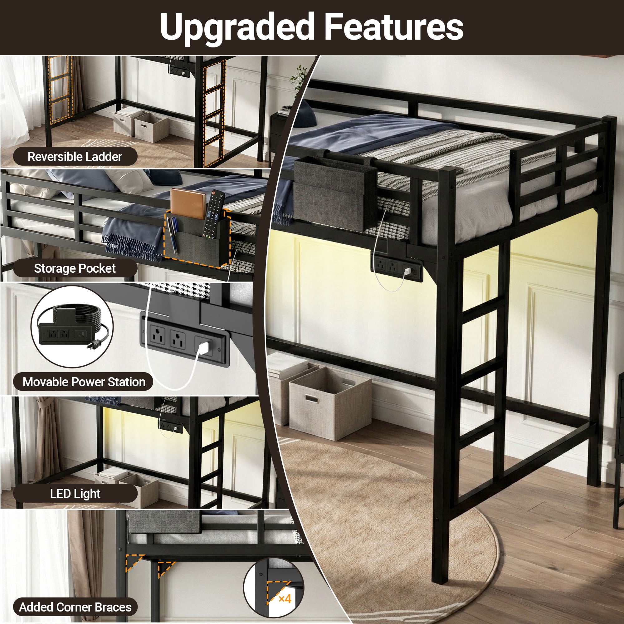 Miniyam Twin Metal Loft Bed with LED and Charging Station for Dorms and Apartments, Black