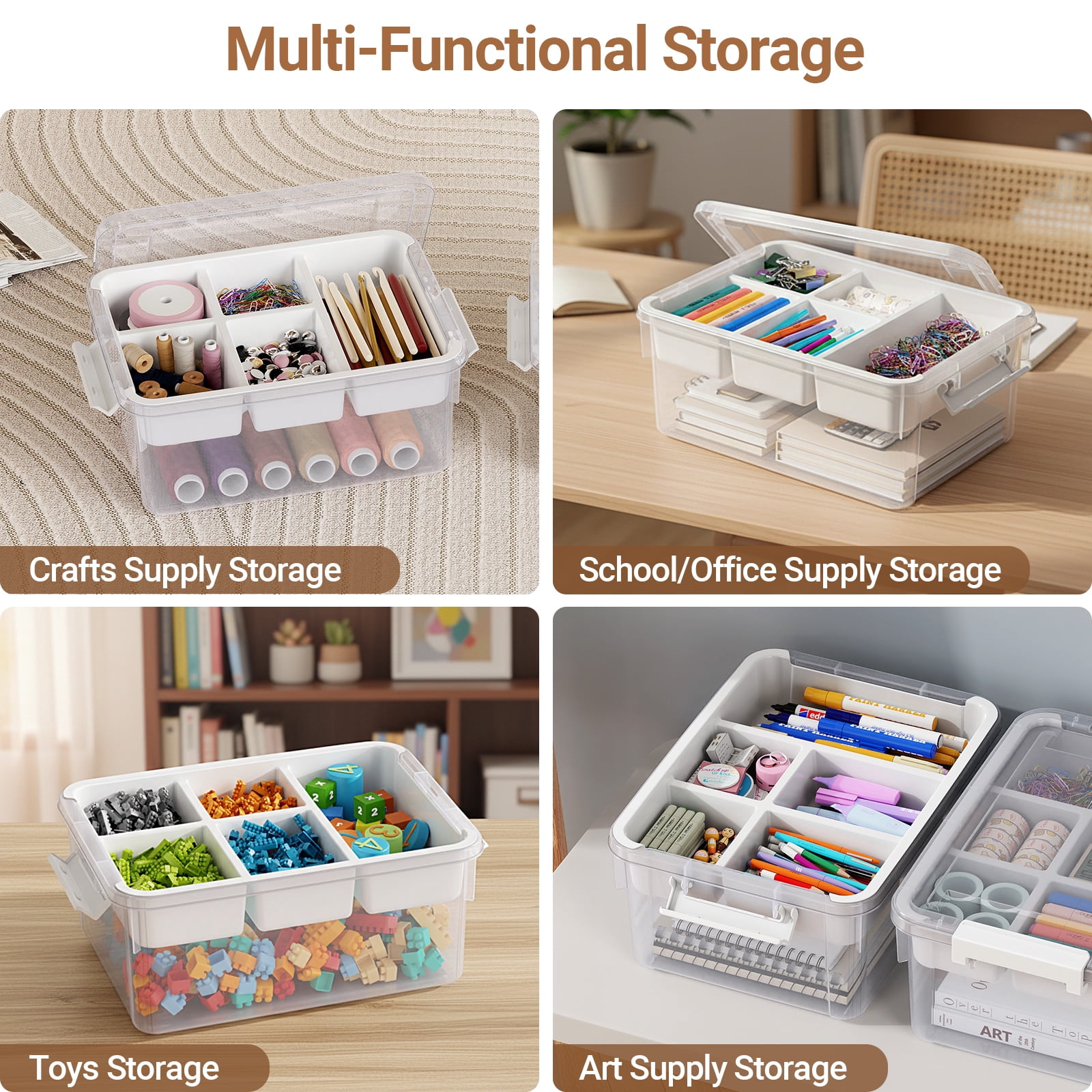 HOMETUK 20Qt Stackable Storage Bin with Lid & Tray, Clear Plastic Latching Box Organizer with Divider Portable 5Gal Container for Arts & Crafts, Home and Car Trunk Organization, 1Pack