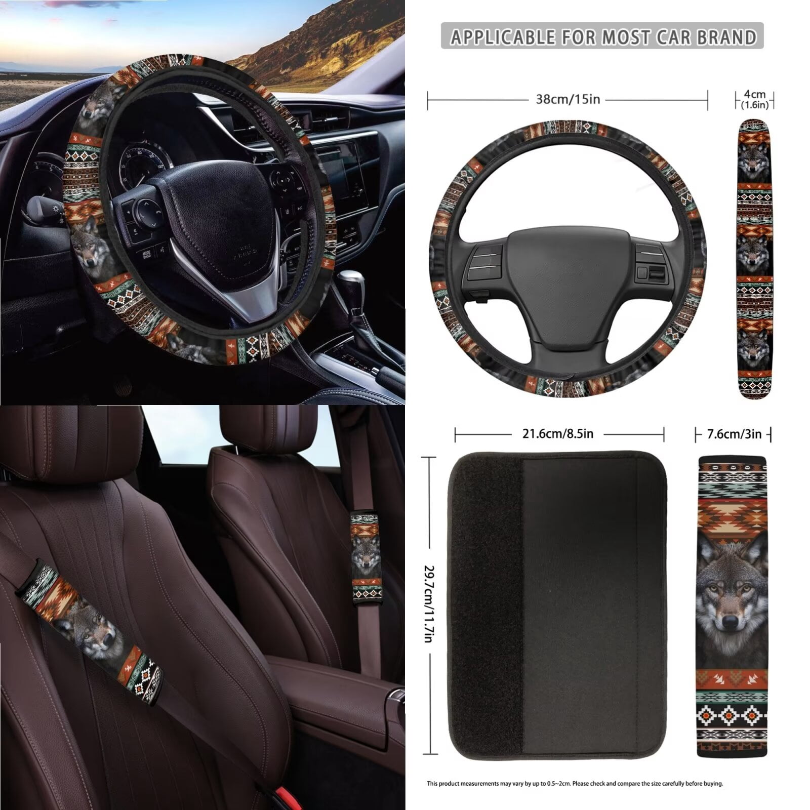 KUIFORTI Boho Car Seat Covers Full Set of 15, Wolf Car Seat Cover/Steering Wheel Cover/Seatbelt Shoulder Pads/Key Chain/Car Trash Bag/Car Vent Storage Organizer/Coasters/Rear View Mirrow Cover
