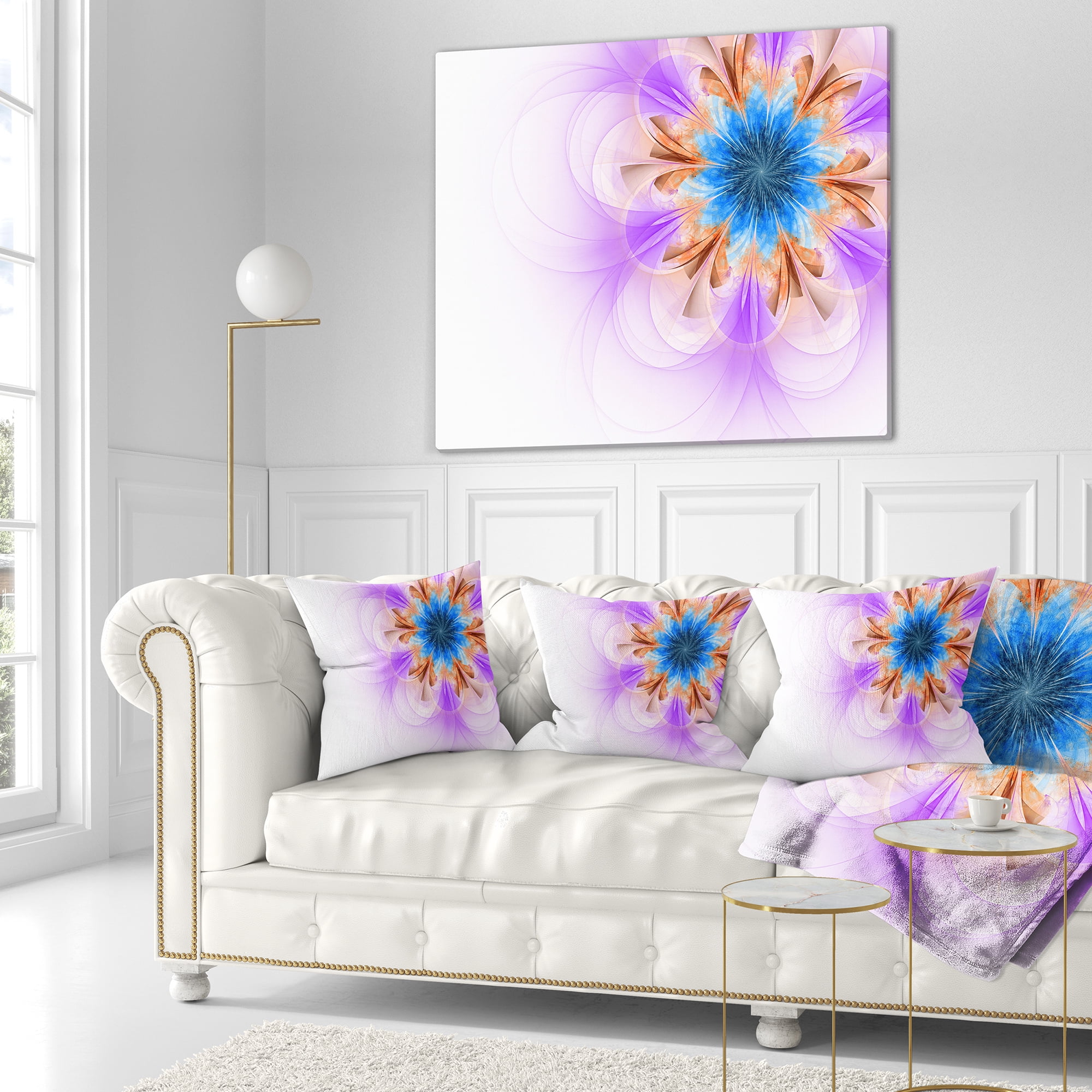 Designart Blue and Purple Symmetrical Fractal Flower - Floral Throw Pillow - 16x16