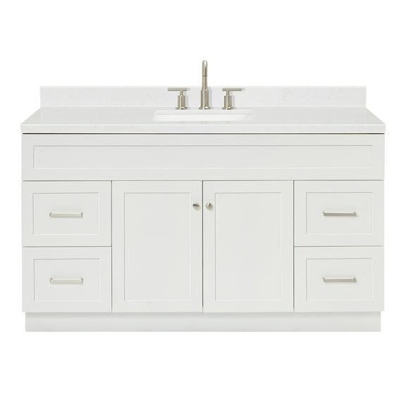 DKB Bradford 60 Inch Bathroom Vanity Single Sink — White Bathroom Vanity with Sink, 1.5" Edge Carrara White Quartz Countertop, Solid Wood, 2 Soft-Close Doors, 4 Dovetail Drawers