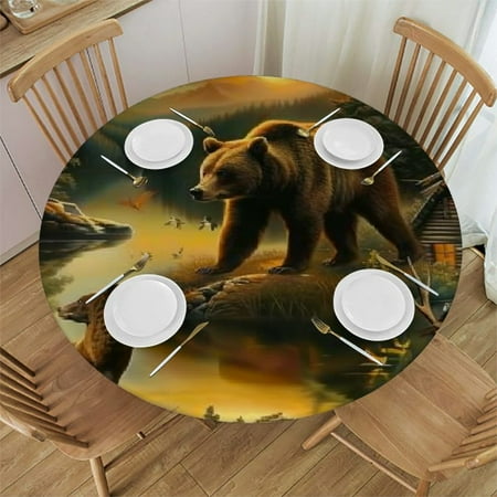 

Sheronv Bear Deer Birds Round Table Cover Stain Resistant Washable Indoor Outdoor Tablecloth Kitchen Dining Wedding Parties Polyester Full Width Single-Sided Printing Table Cloth 42 -46