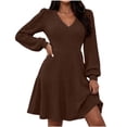 thumbnail image 2 of Karymi Maxi Dresses for Women Brushed Ribbed Knit Mini Dress Deep V Neck Lantern Long Sleeve High Waist Flared Ruffle Hem Casual Fall Short Dress, 2 of 8