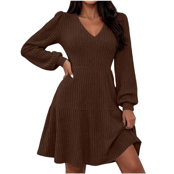 fheaev Sweater Dresses for Women Fall Long Sleeve V Neck A Line Ribbed Knit Waist Casual A Line Swing Mini Dress Brown,L