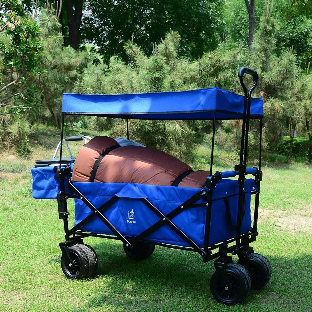 Collapsible Wagon Wagon Cart with Removable Canopy, Heavy Duty Foldable Beach Wagon with  All Terrain Wheels and Brake, Adjustable Push Pull Handle, 220LBS Cooler Bag Utility Carts for Outdoor, Blue