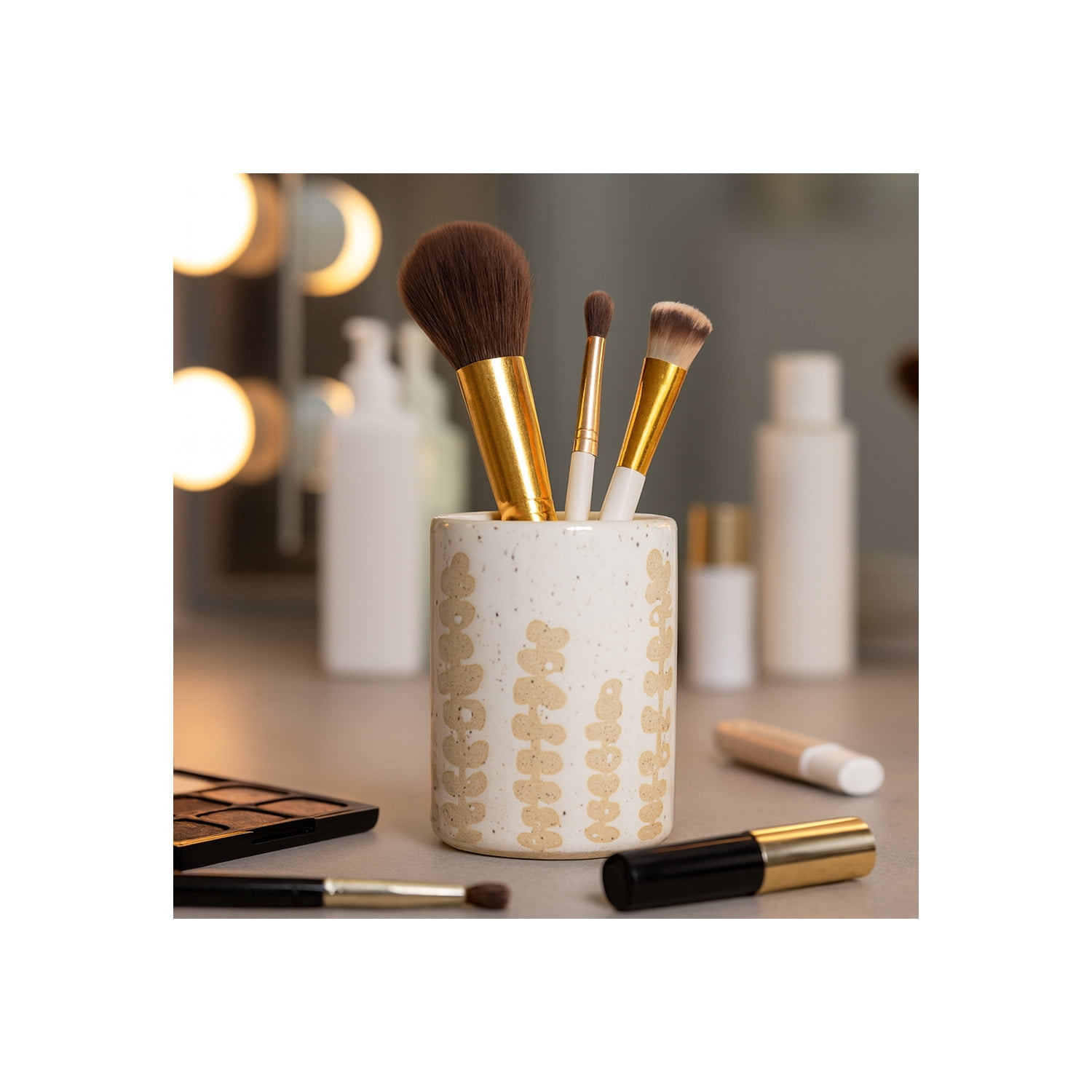 Decorative Desk Organizer with Wild Plant Print Design - Desktop Storage for Workspace Accent or Small Desk Decor - Functional Office Accessory for Bathroom, Bedroom, or Home Decor - 4", Tan & Ivory