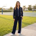 thumbnail image 4 of Szluipve 2 Piece Sets for Women 2 Piece Outfits Side Stripe Zip Up Collar Jacket & Wide Leg Pants Set Ribbed Textured Casual Tracksuit Loungewear Suit for Daily Travel Navy 2XL, 4 of 7