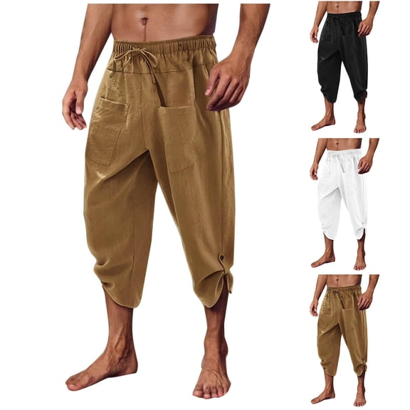 DODADAWANJ Men's Linen Harem Capri Pants Loose Fit Big and Tall 3/4 Pants with Pockets Drawstring Elastic Waist Below Knee Shorts Black S