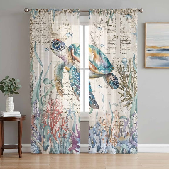Blue Sea Turtle Coastal Sheer Curtains 96 Inch Length 2 Panels Set, Vintage Summer Beach Coral Ocean Voile Window Treatment Semi Sheer Long Curtains Drapes for Bedroom/Living Room/Kitchen 52"x96"x2