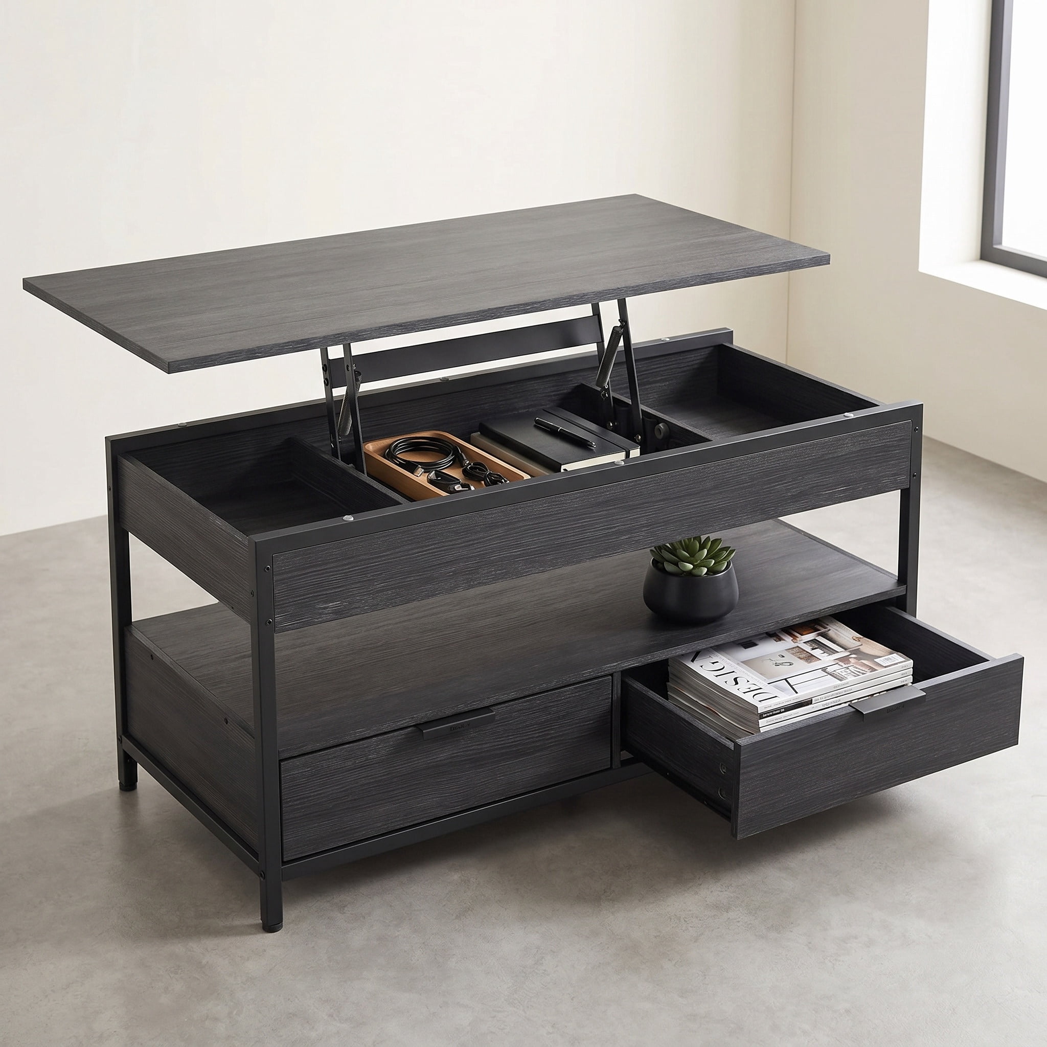 Nordic Hygge 40" Height-Adjustable Living Room Center Table with 2 Storage Drawers and Open Compartment, Anthracite Grey & Ink Black