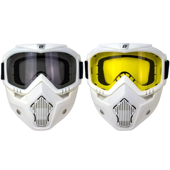 Birdz Eyewear Masque de Moto TPU Blanc Skylark & Lunettes Détachables avec Lentilles Fumée & Jaune