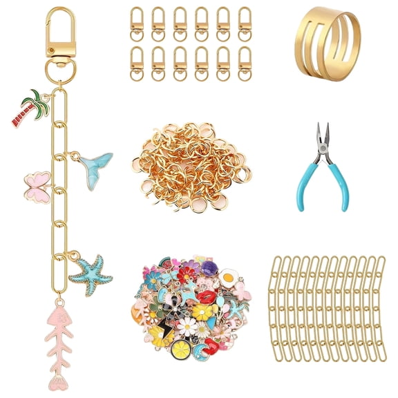 159 Pcs Keychain Making Kit with Charms, DIY Charm Jewelry Making Kit, Flower Charms, Includes Lobster Clasps, Chains, Jump Rings, Epoxy Charms, Finger Ring and Plier