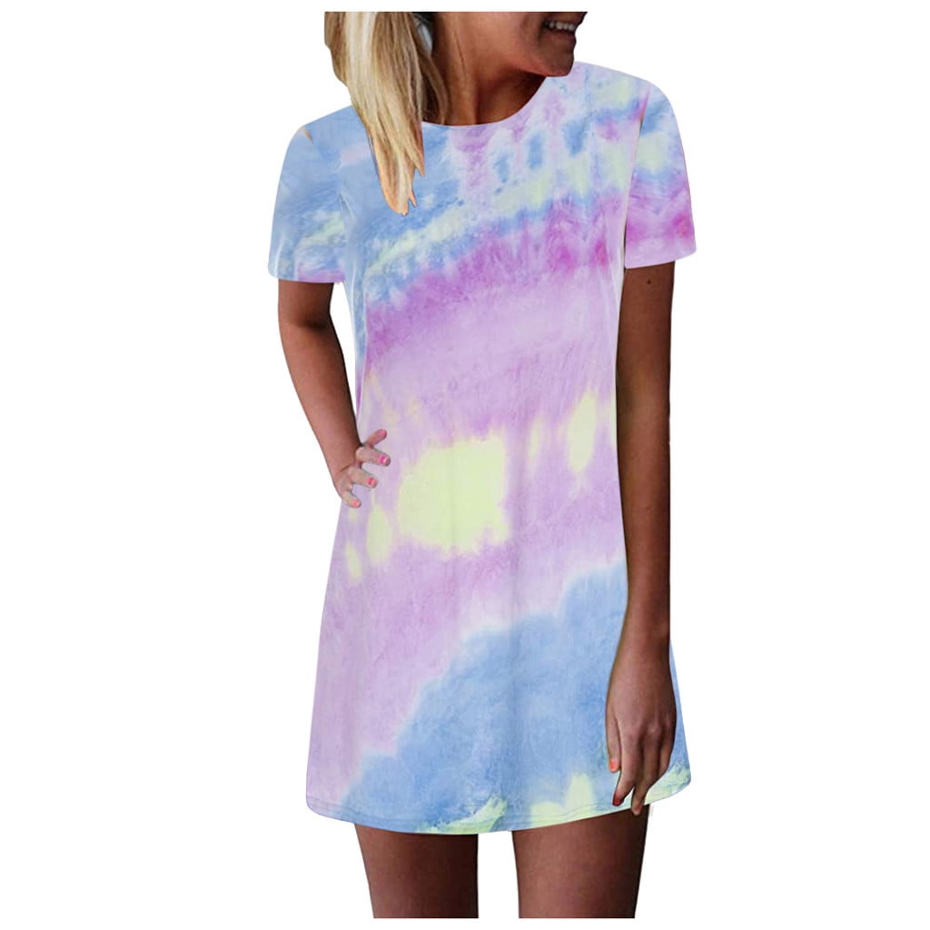 Dyfzdhu Summer Dresses For Women Tie-Dye Printed Summer Casual T Shirt ...