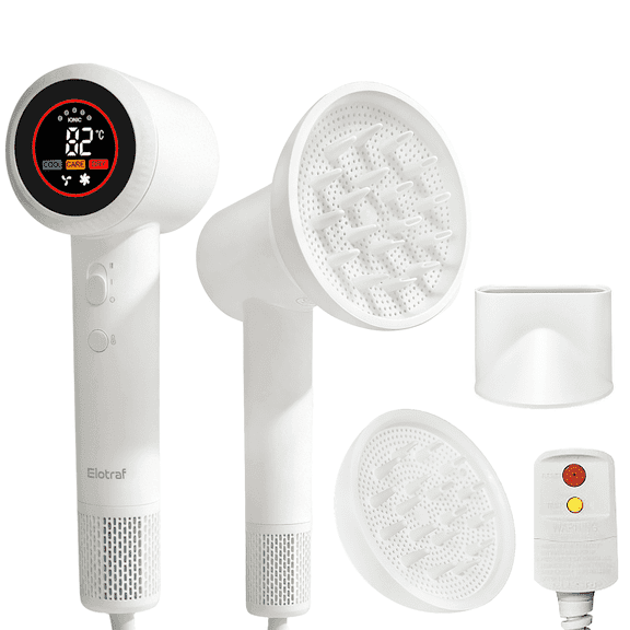 ELOVA HD Display Hair Dryer: 150000 RPM High Speed Brushless Motor, Fast Drying & 200M Negative Ionic Blow Dryer, Smart Temperature Control, 51db Low Noise, Magnetic Diffuser & Nozzle for Salon
