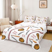 Homewish Boys Baseball Game Twin Sheet Sets,Ball Sport Lovers Twin Fitted Sheet,Brown White Flat Sheet For Girls Kids,Super Cozy Room Decor,3 Pieces