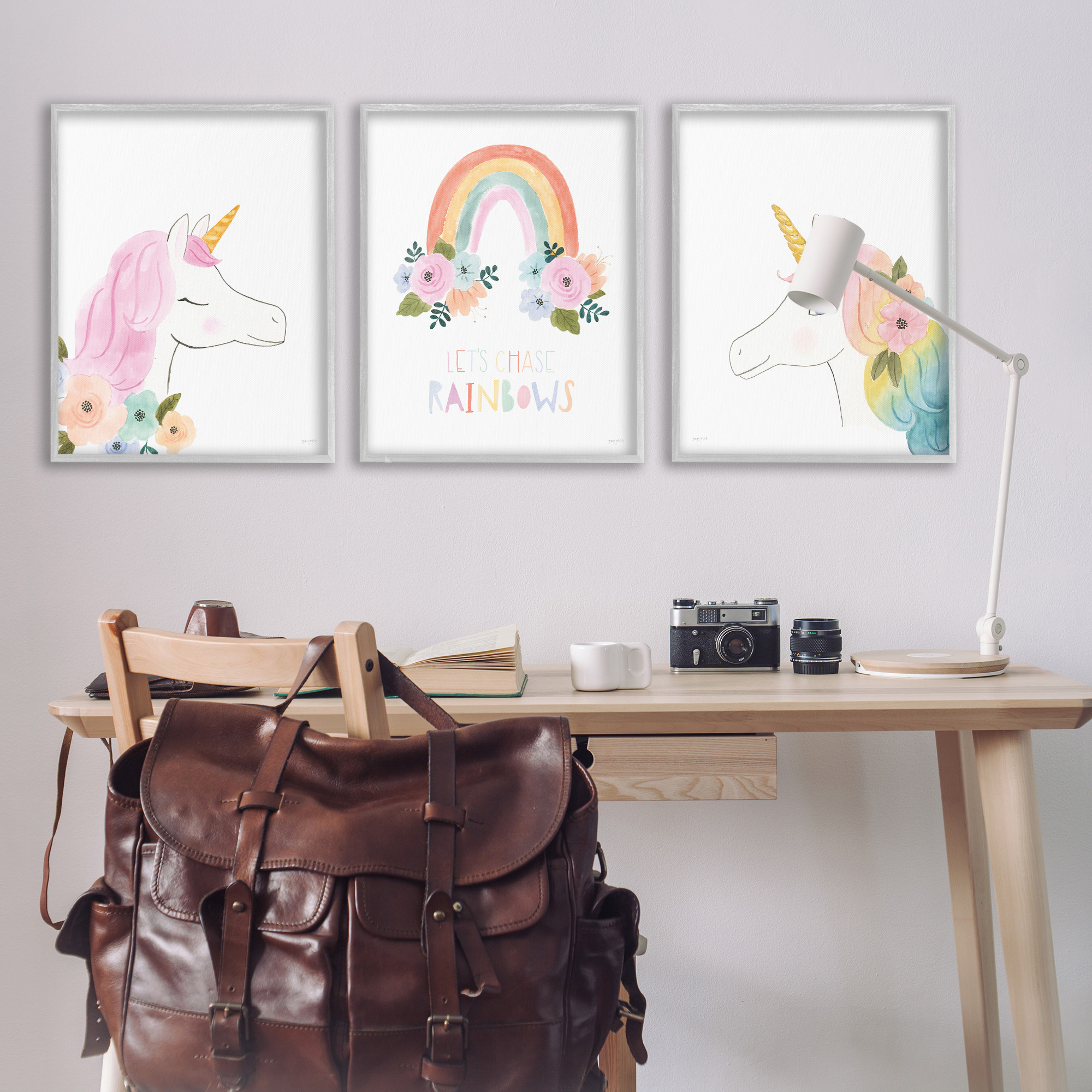 Stupell Industries Let's Chase Rainbows Unicorns Fairy Tales & Fantasy Painting Gray Framed Art Print Wall Art, 24 x 30, Set of 3