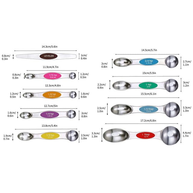 Measuring Spoons Set of 9, Dual Sided Stainless Steel Measuring Spoons Set with Leveler, Stackable Teaspoon and Multi-Color Kitchen Gadgets for Baking Measuring, Fits in Spice Jars (9 pcs)