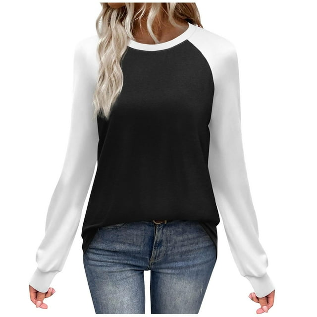 UAMVSH Womens Long Sleeve Shirts Color Block Crewneck Tunic Basic Tees Fashion Clothes Lightweight Casual Fall Tops