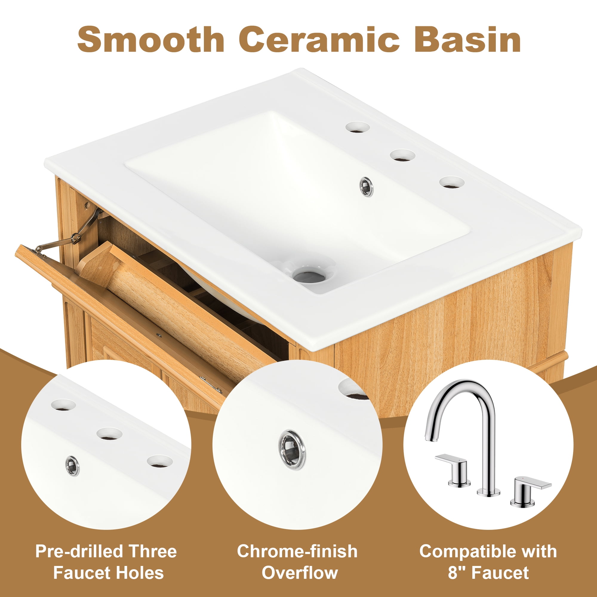 Harper & Bright Designs 24" Small Bathroom Vanity with Sink Top, Free Standing Single Basin Vanity Set with Flip-Out Drawer, 2 Soft-Close Drawers, 1 Soft-Close Door, Solid Wood & MDF, Wood