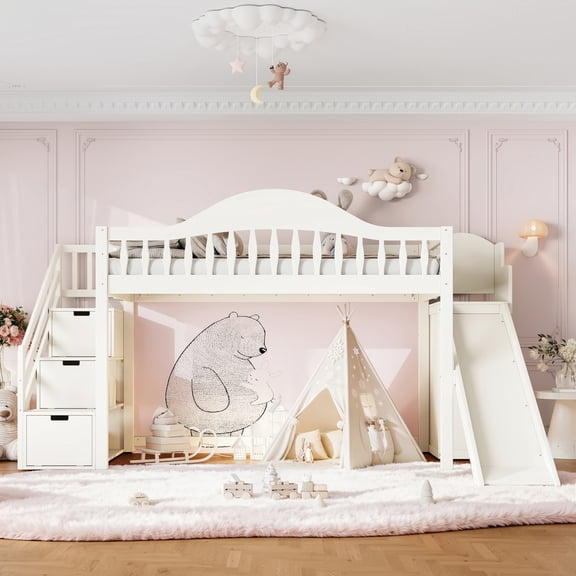 Twin Loft Bed w/ Slide, Storage Stairs & Built-in Wardrobe, High Guardrail,Beige