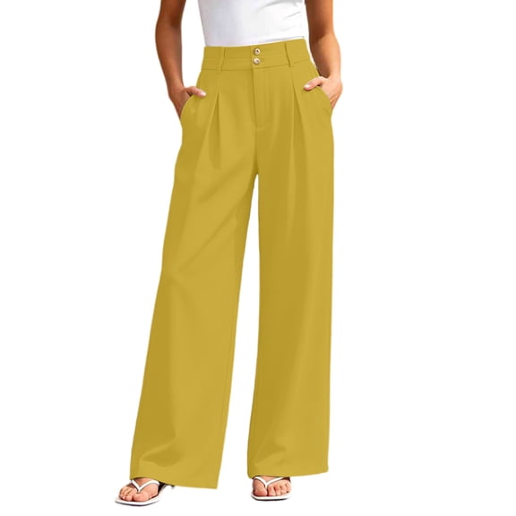 Lenpel Wide Leg Office Pants for Women Fashion High Waist Double Button Pleated Dress Trousers Casual Business Pants with Pockets
