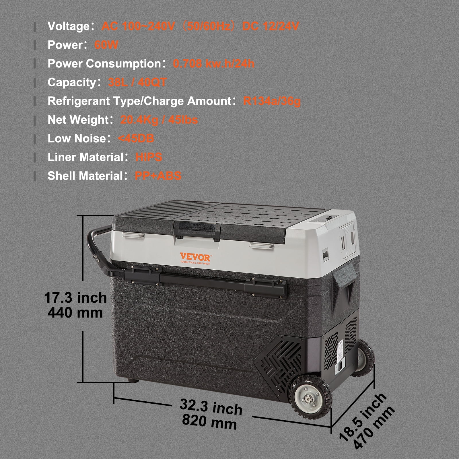 VEVOR Car Refrigerator 40Qt, 12v Portable Freezer with  Dual Zone, 12/24V DC & 110-240V AC Electric Cooler with -4℉-50℉ Cooling Range, for Car Truck Vehicle RV Boat Outdoor & Home use
