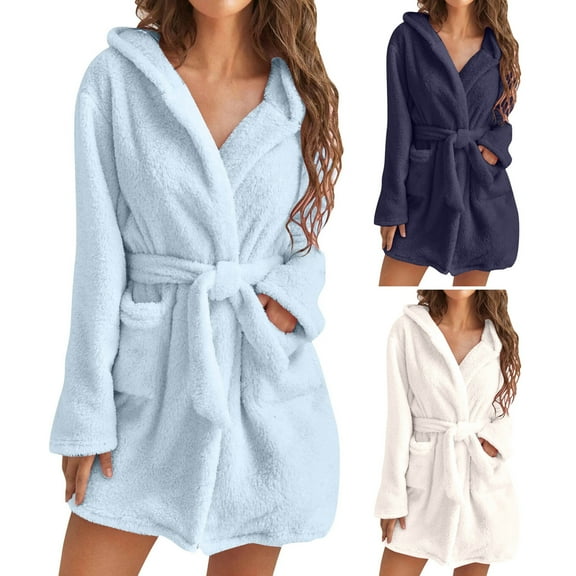 Dengjunhu Women's Fleece Hooded Robe Soft Plush Bathrobe Loungewear