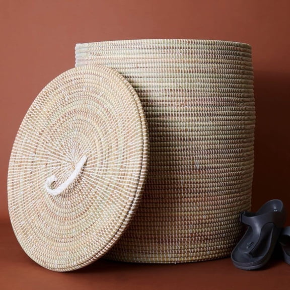 Decorative Wicker Basket with Lid  Handles, Laundry Hamper, Blanket Storage, Toy Bin, African Woven, Flat Lid, White, Medium Size