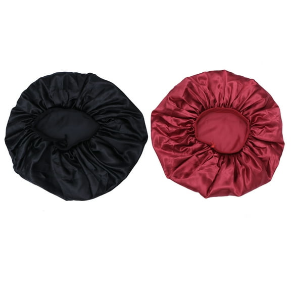 ITSELFER 2pcs Large Size Nightcaps Hair Care Hat Elastic Exaggerating Night Sleeping Head Cover for Women Wine Red and Black