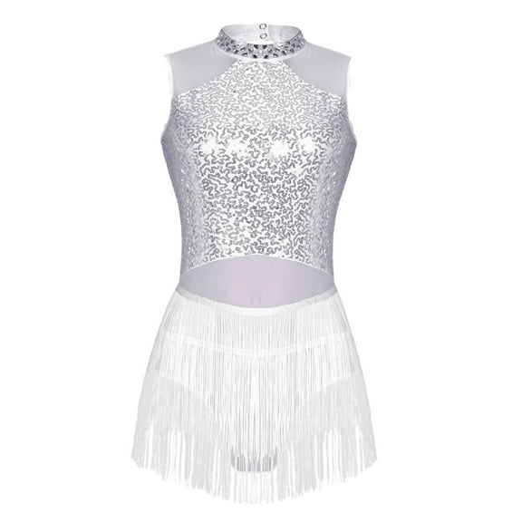 MSemis Women's Sequins Leotard Tassels Latin Rumba Salsa Dance Costume White XL