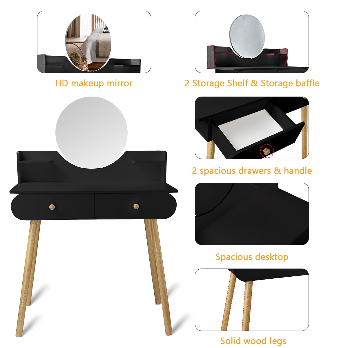 Liyufly Black Vanity Desk with 2 Drawers, Makeup Vanity Table Bathroom Vanity Dressing Table for Women Girls(Without Stool and LED)