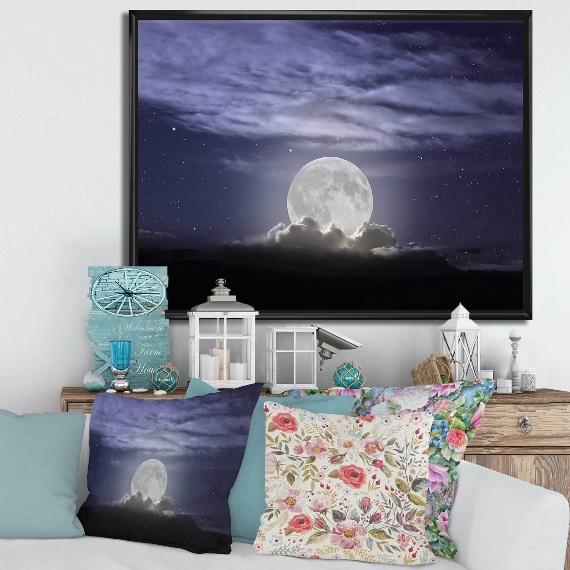 Designart 'Full Moon Rising In A Cloudy Night Sky' Nautical & Coastal Framed Canvas Wall Art Print