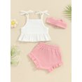 thumbnail image 4 of Bslissey Baby Girls 3Pcs Summer Outfits Solid Color Sleeveless Ruffled Camisole Tops + Elastic Waist Shorts + Headband 6M 12M 18M 24M Infant Toddler Cute Shorts Sets, 4 of 8