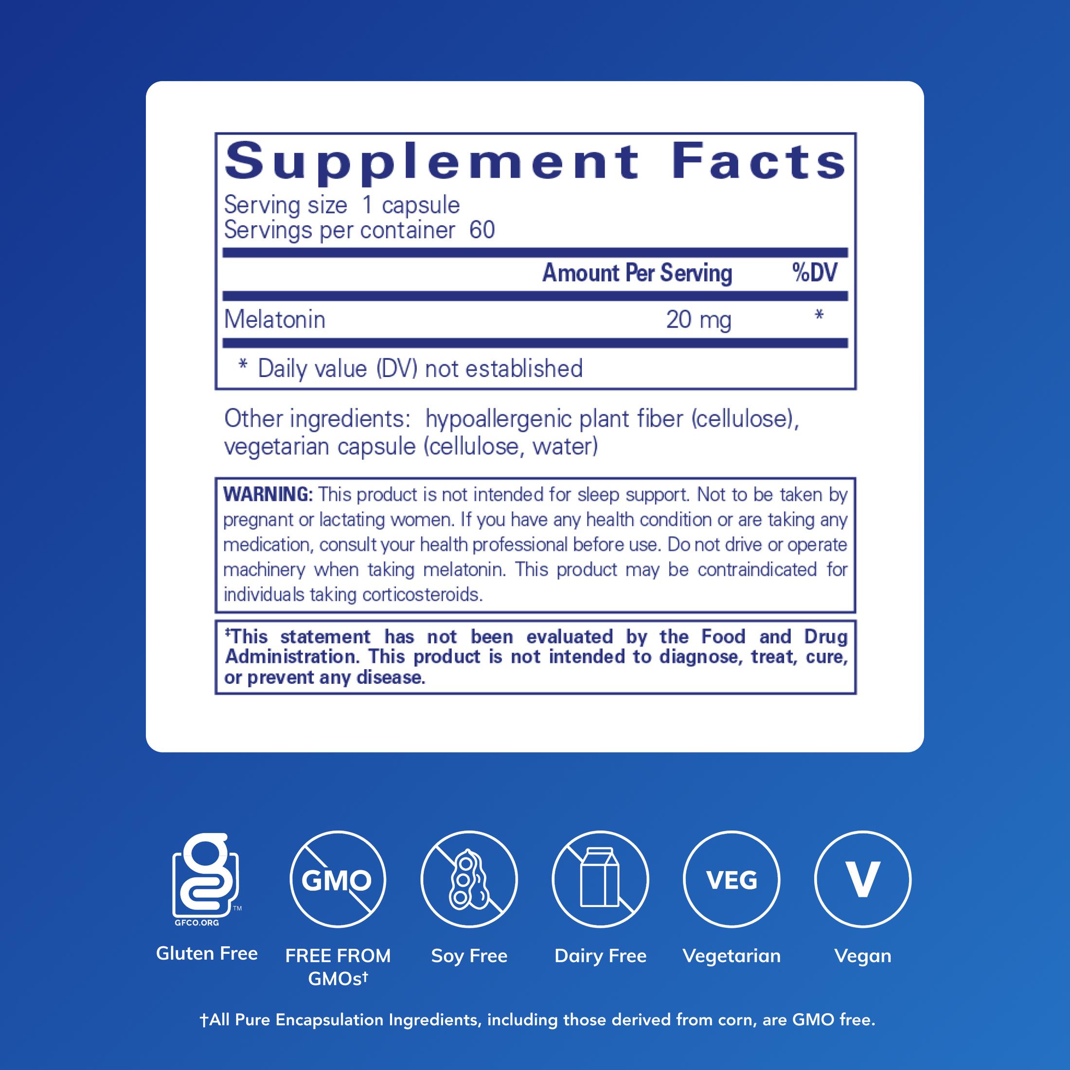Pure Encapsulations Melatonin 20 mg - Not Intended for Sleep Support - For Immune System & Healthy Cells* - 99.5% Purity Melatonin - Gluten Free & Non-GMO - 60 Capsules