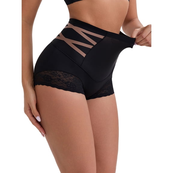 DARING DIVA Women's High-Waisted Tummy Control Briefs Lace Trim L Black