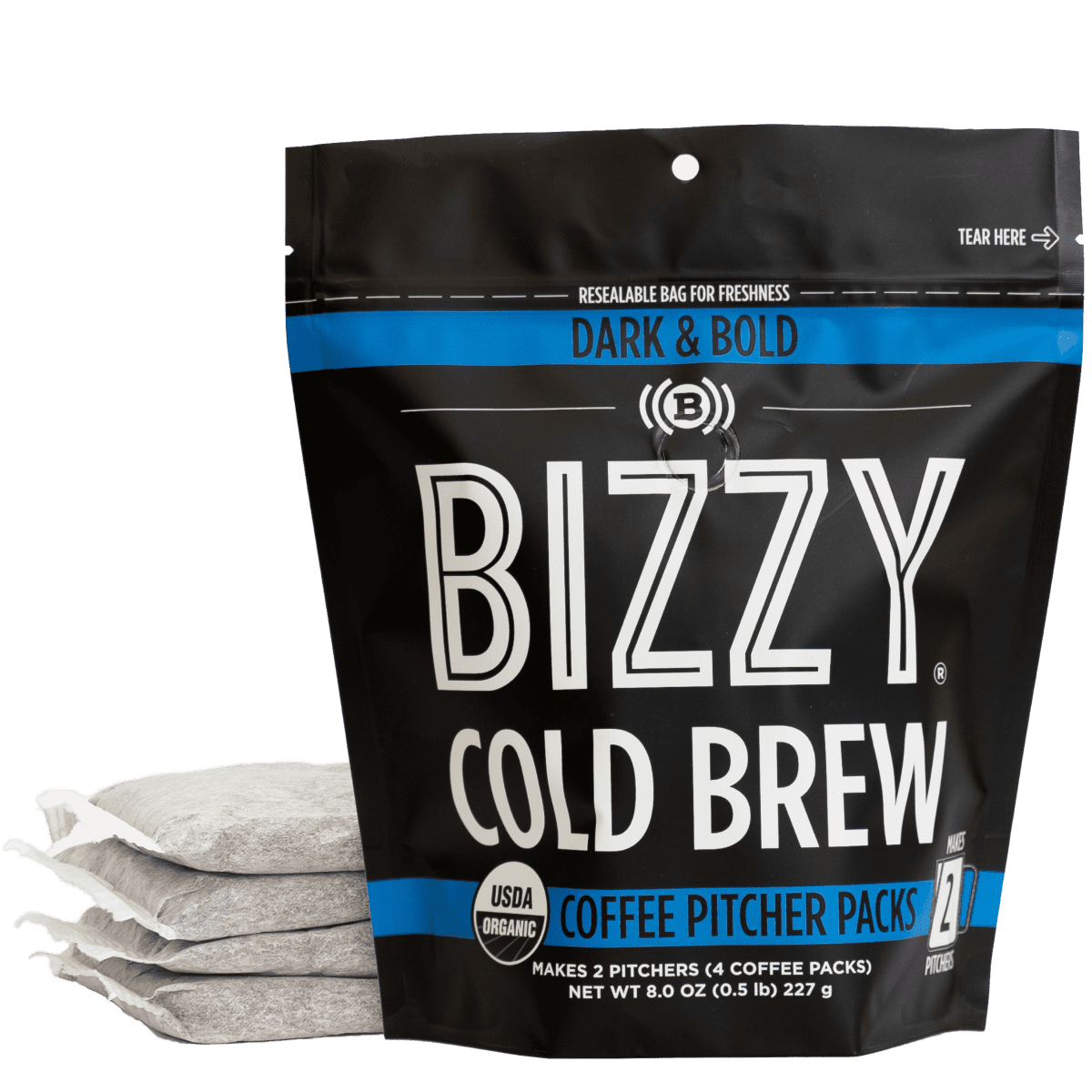 Bizzy Organic Cold Brew Coffee | Dark & Bold Blend | Coarse Ground Coffee | Pitcher Packs | 4 Count | Makes 14 Cups