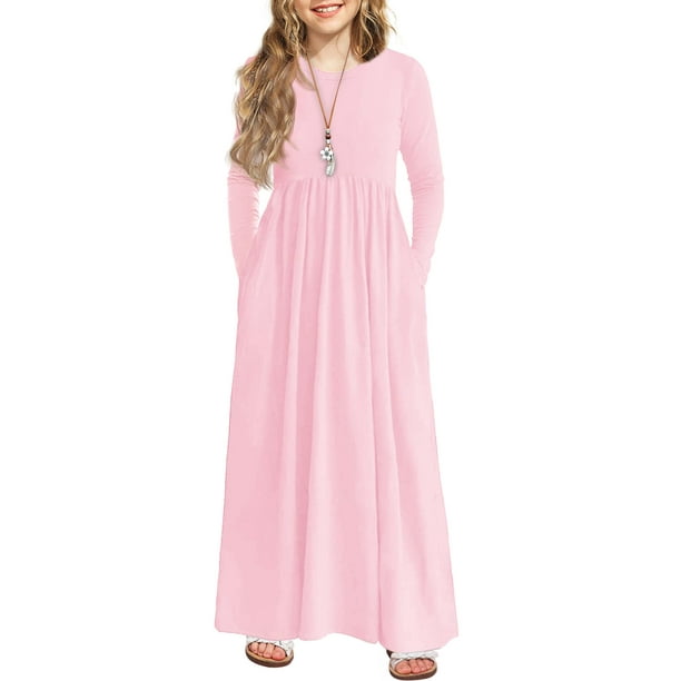 Vestido Arshiner para niñas, manga larga, maxi bolsillo, rosa, 12-13 años