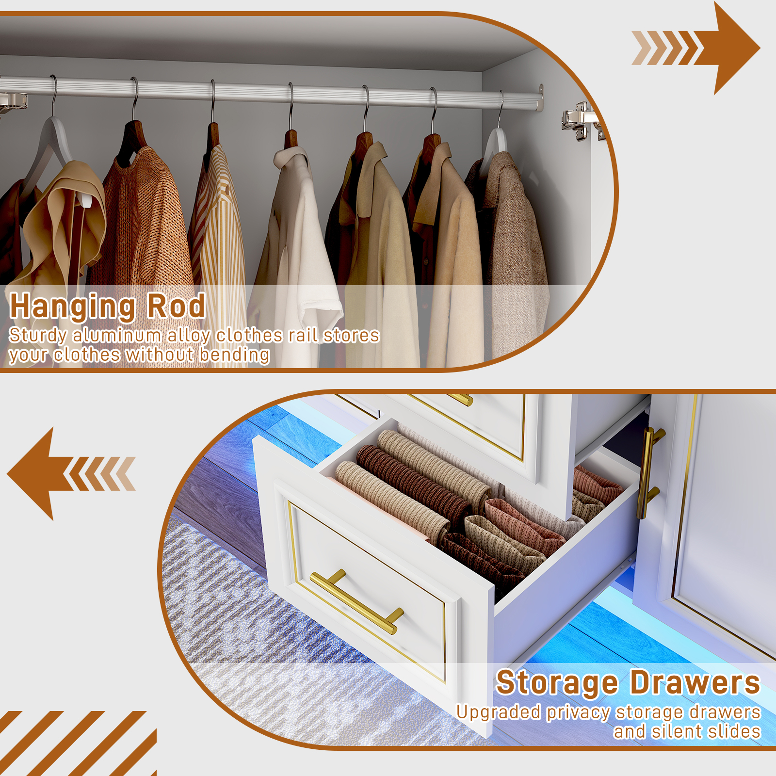 Blotout 75" Tall 3 Doors Armoire Wardrobe Closet with LED Lights, LED Armoire with Doors and Drawers, Wooden Armoire Storage Cabinet with Hanging Rod, Adjustable Shelves