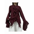 thumbnail image 3 of Womens Casual Blouses Flared Sleeve Stand Collar Ruffle Tops Summer Trendy Vacation Shirt Wine Red L, 3 of 10
