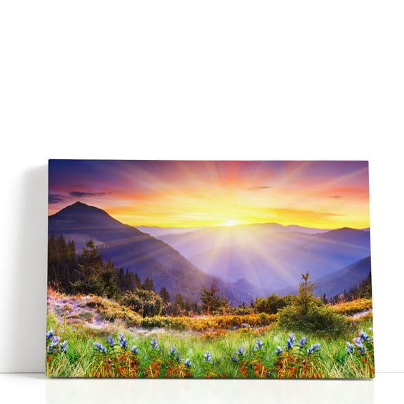 Majestic Sunrise in The Mountains Landscape - Wrapped Canvas Print Wall Art | 18" W x 12" H